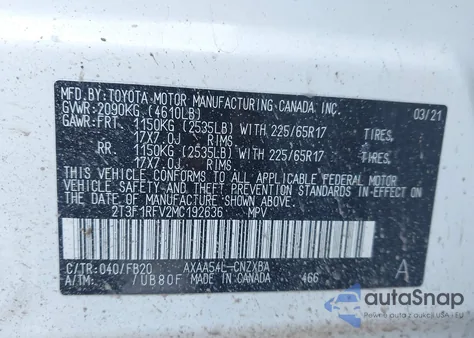 2021 Toyota Rav4 Le из США, поврежденный, VIN 2T3F1RFV2MC192636